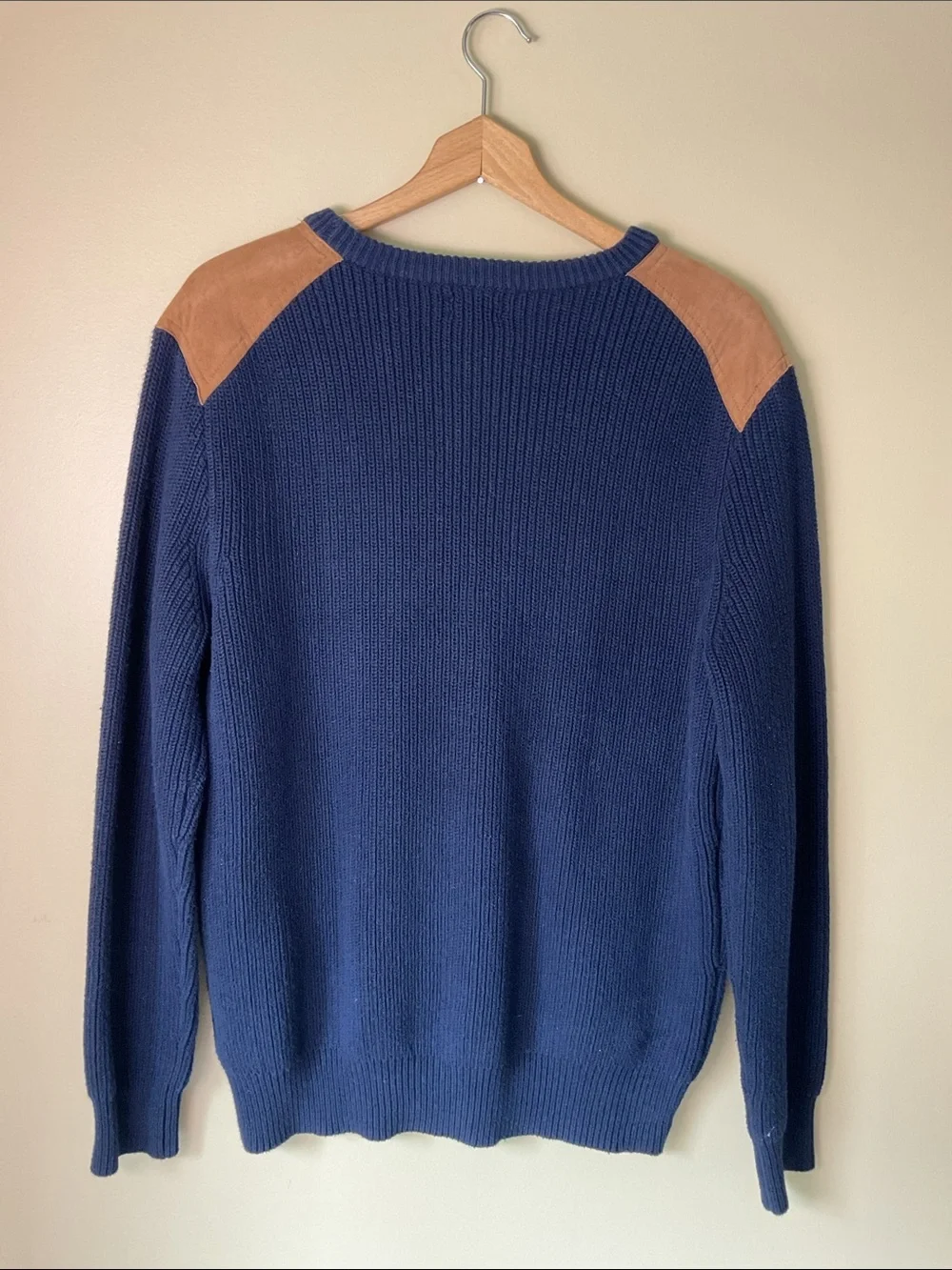 J. Crew Woodsman Navy  Sweater with Brown Cotton Sueded Shoulder Patches Size L